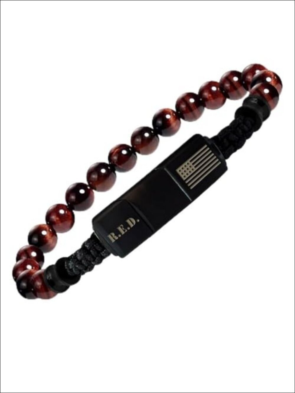 Mens Red Tigers Eye Beaded Bracelet Stainless Steel American Flag Adjustable